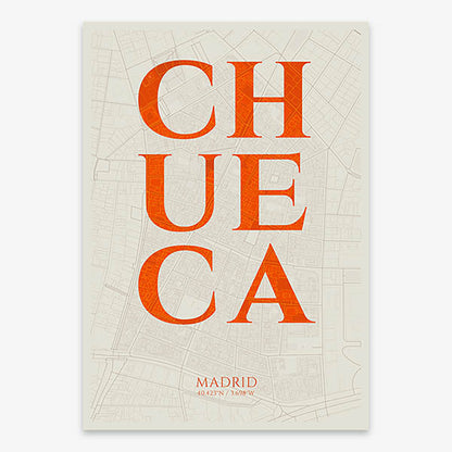 Decorative map of Madrid composed with letters in serif font printed on orange and an off-white background