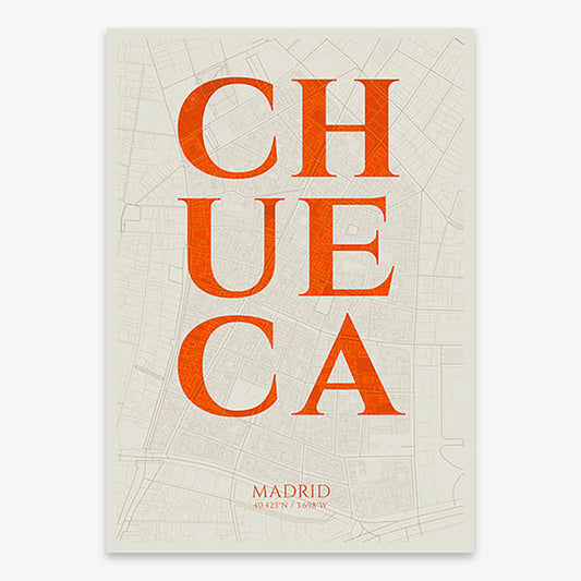 Decorative map of Madrid composed with letters in serif font printed on orange and an off-white background