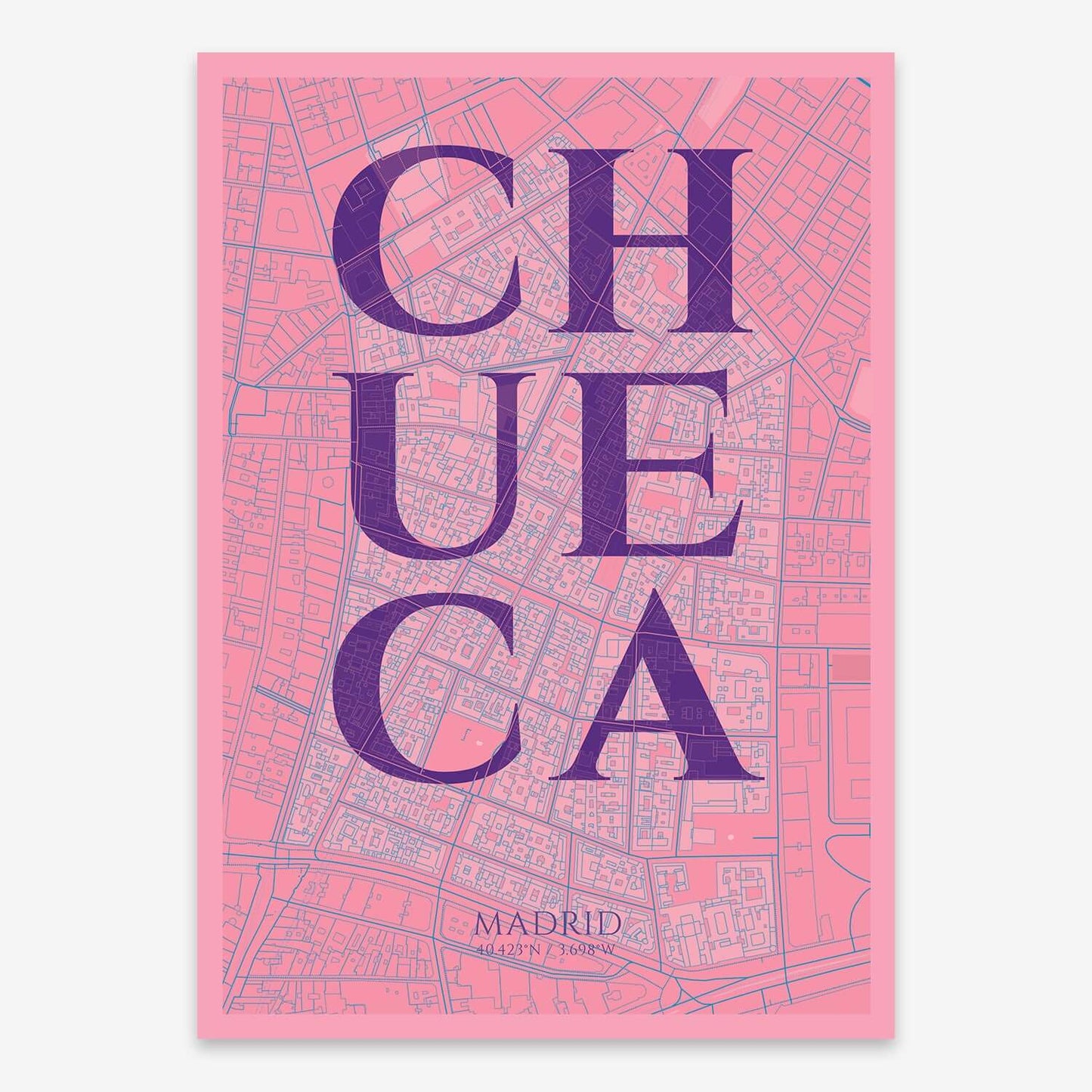 The map of Chueca composed with letters in serif font printed on violet y pink background