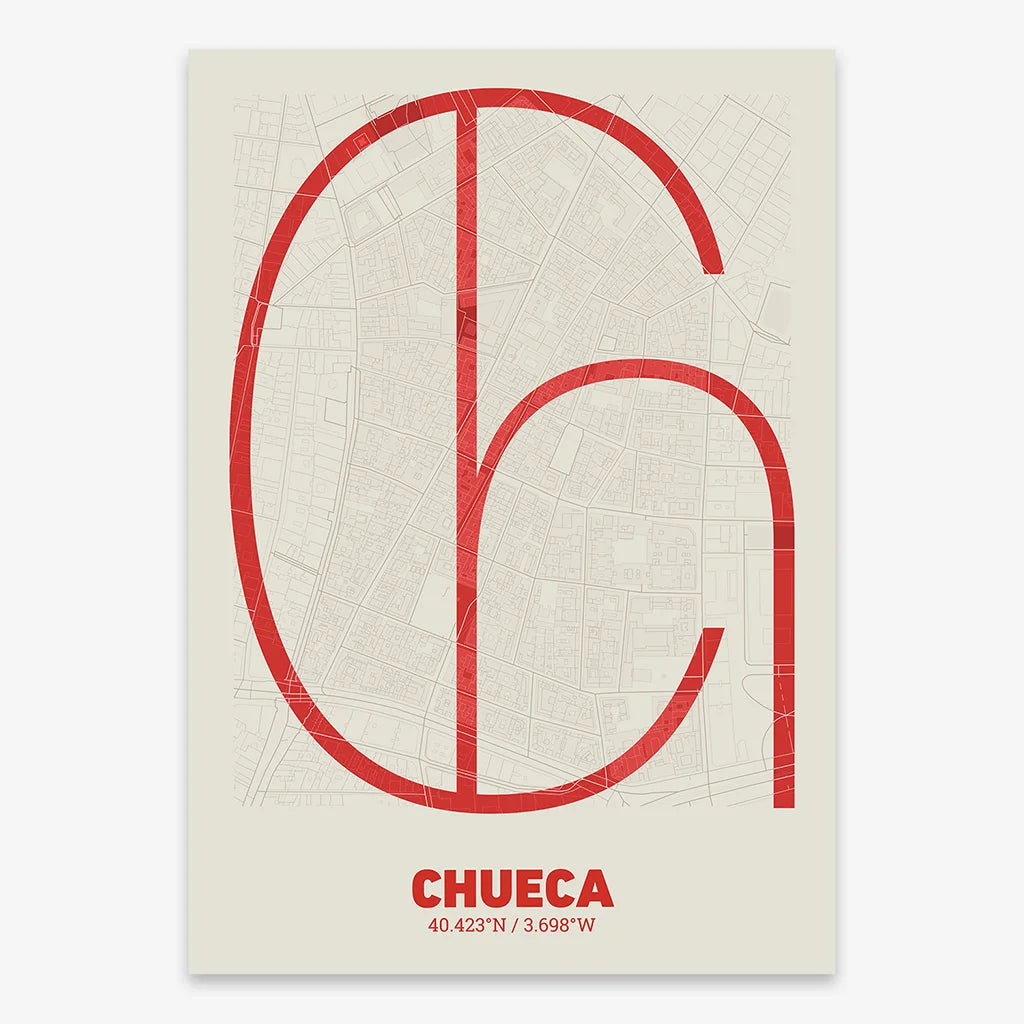 Poster of Madrid composed with letters in extra light font printed on red and an off-white background