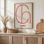 Modern interior design with a Chueca, Madrid, in Ultralight design, a minimalist aesthetic combining urban cartography with modern, extra-thin elegant lettering designed in red and an off-white background, displayed on a living room wall