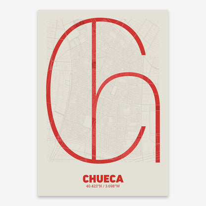 The map of Chueca composed with letters in extra light font printed on orange and an off-white background