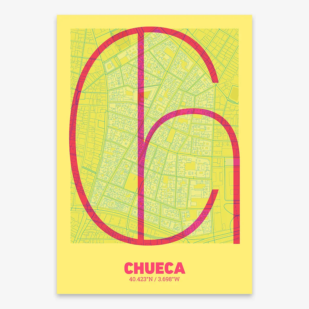 Poster of Madrid composed with letters in extra light font printed on yellow and fuchsia