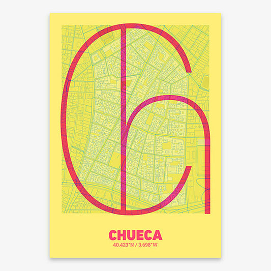 Poster of Madrid composed with letters in extra light font printed on yellow and fuchsia