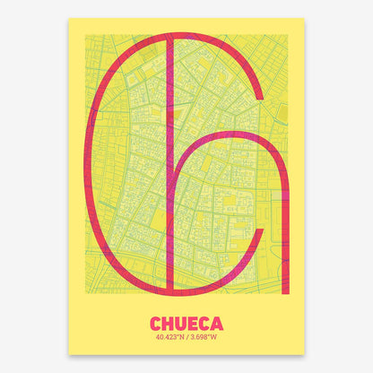 The map of Chueca composed with letters in extra light font printed on red and an off-white background