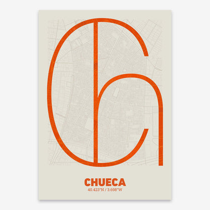 The map of Chueca composed with letters in extra light font printed on violet y pink background