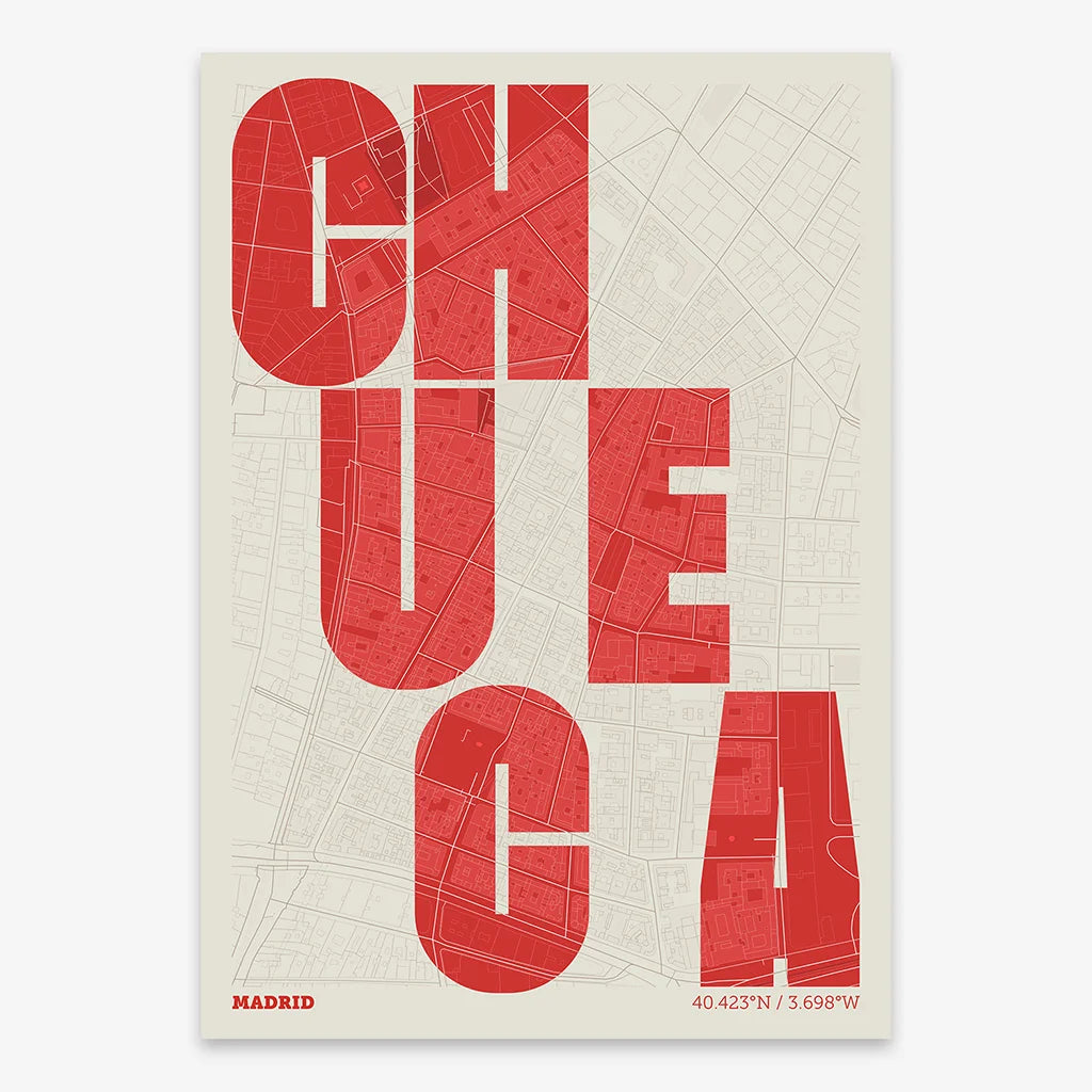 Decorative print of Madrid with letters of its name placed randomly, designed in red and an off-white background