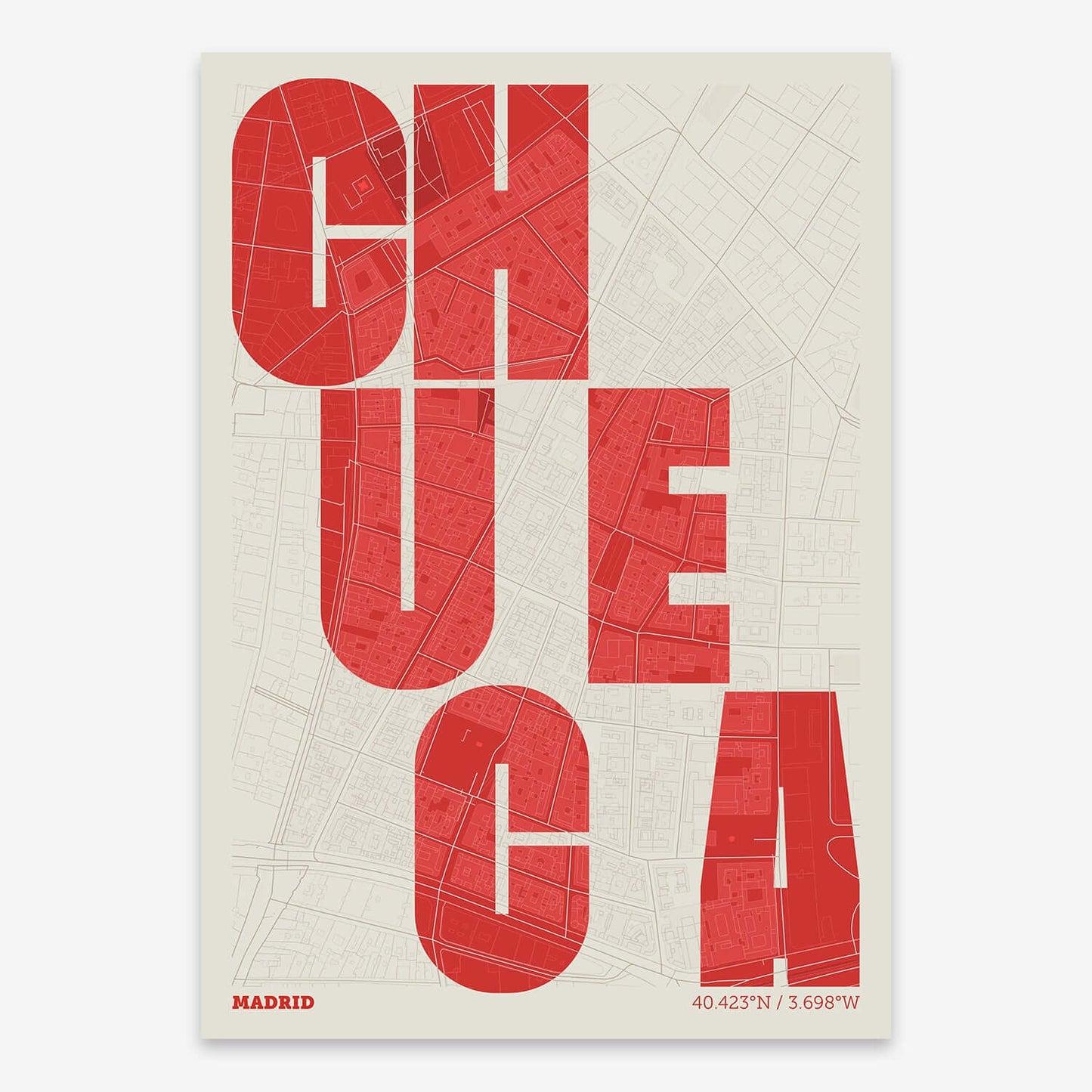 The map of Chueca with letters of its name placed randomly, designed in red and an off-white background