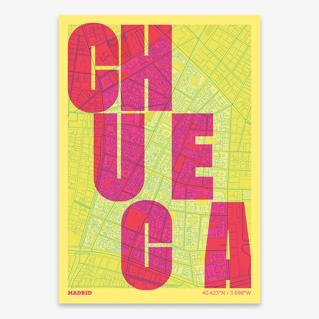 Decorative print of Madrid with letters of its name placed randomly, designed in yellow and fuchsia