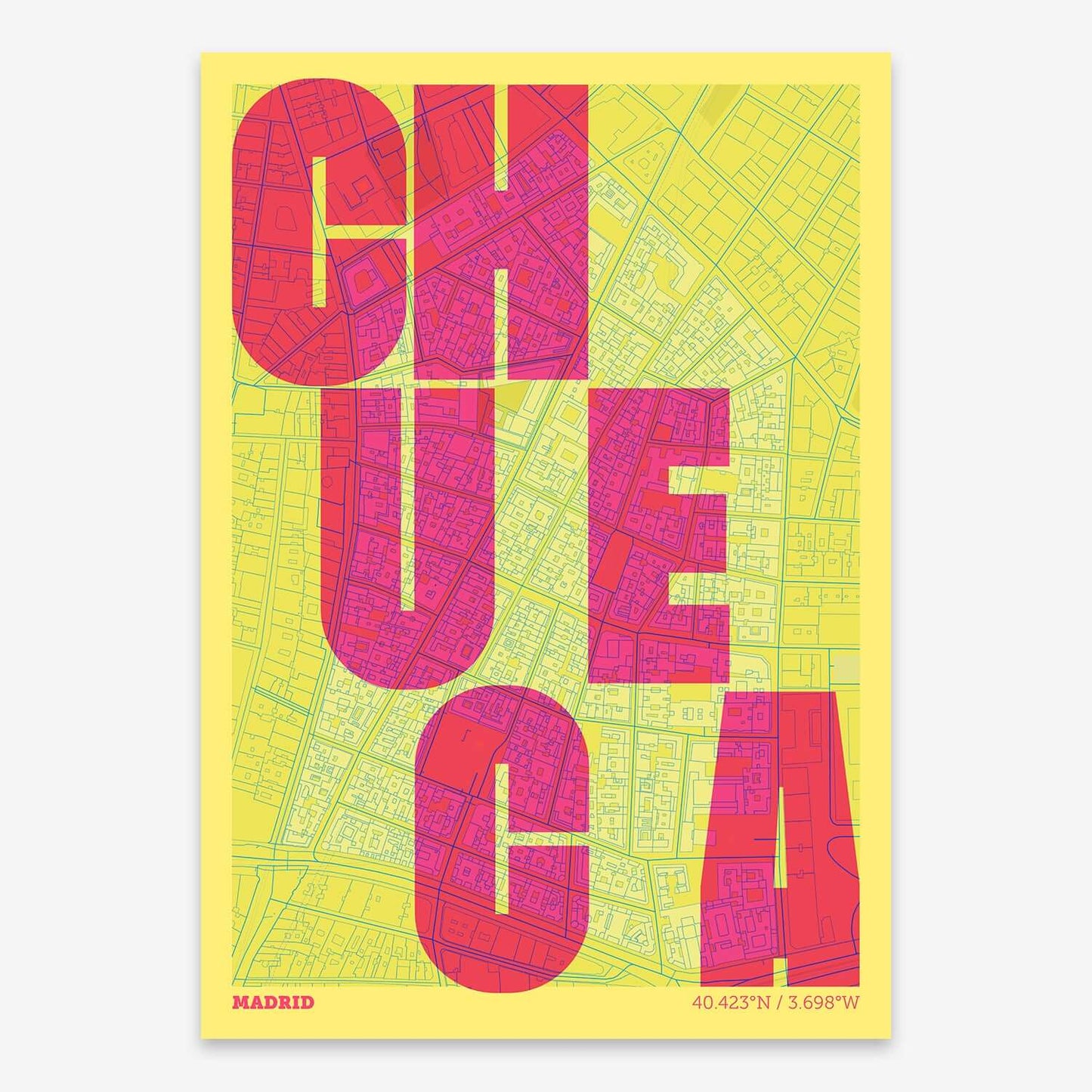 The map of Chueca with letters of its name placed randomly, designed in yellow and fuchsia