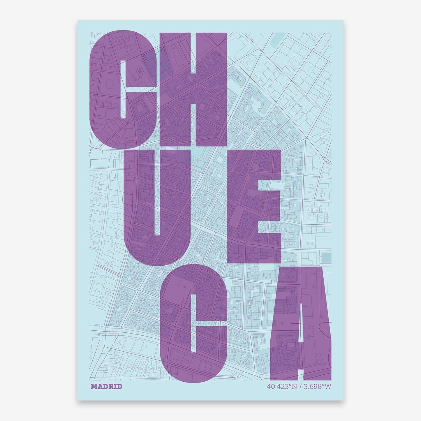 The map of Chueca with letters of its name placed randomly, designed in purple and light blue