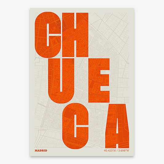 Decorative print of Madrid with letters of its name placed randomly, designed in orange and an off-white background