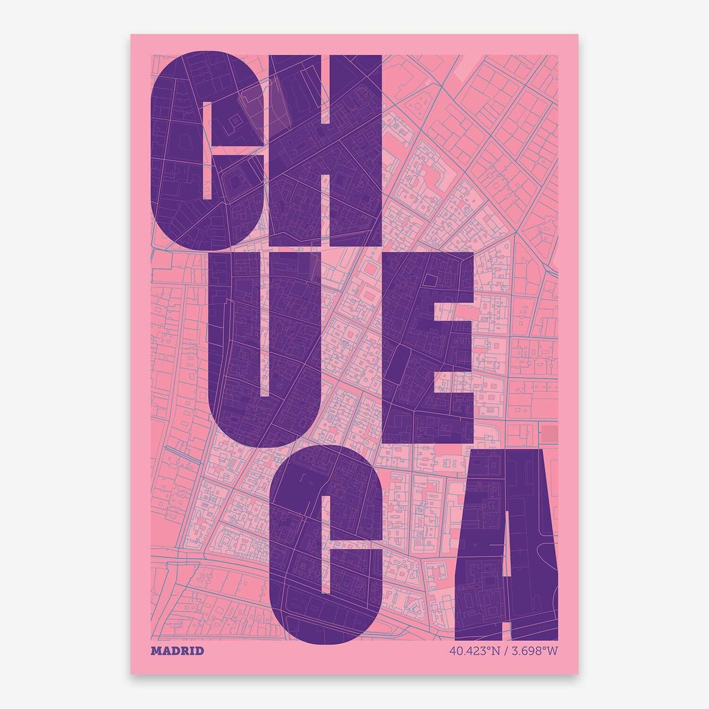 The map of Chueca with letters of its name placed randomly, designed in violet y pink background