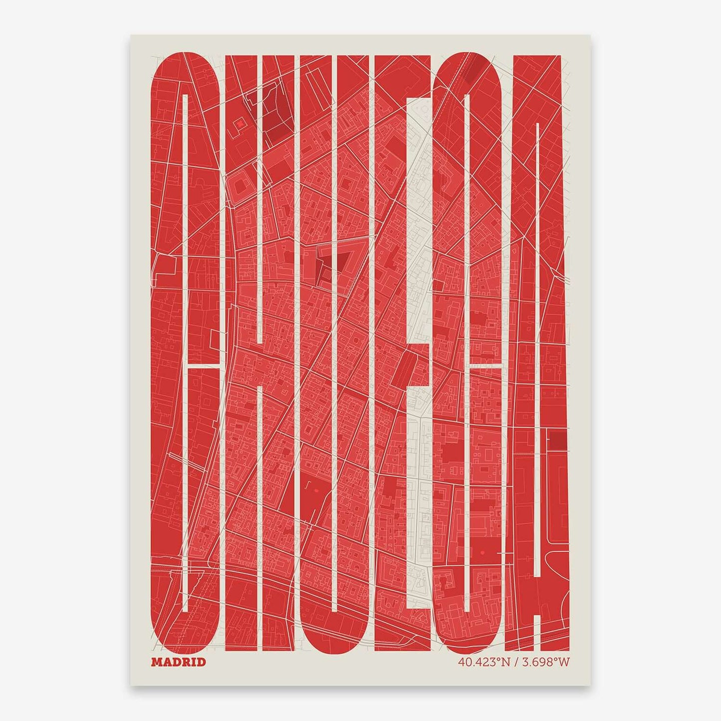 The map of Chueca composed with letters in a heavy geometric font printed on red and an off-white background