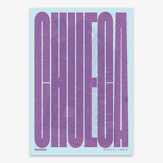 Decorative map of Madrid and letters of its name in a giclée print designed in purple and light blue