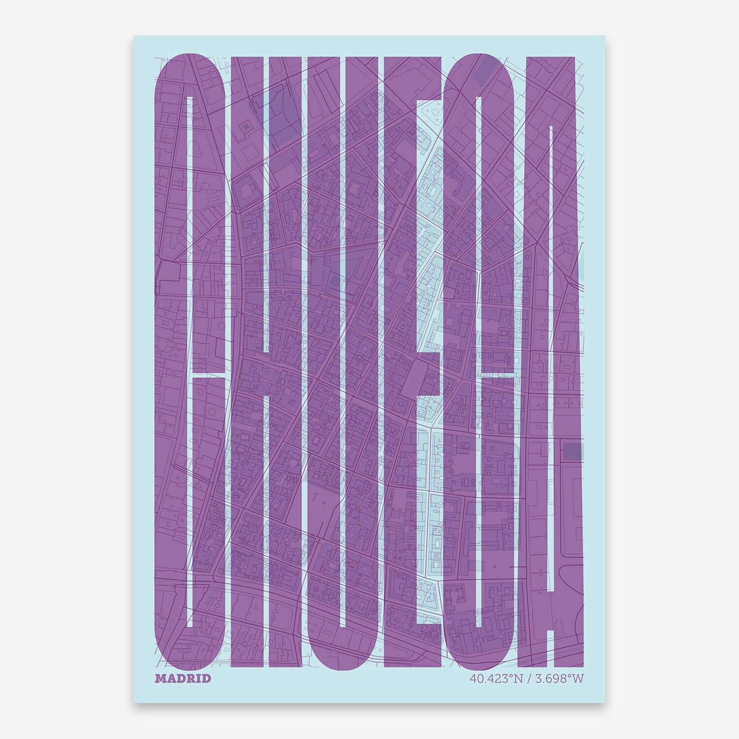 The map of Chueca composed with letters in a heavy geometric font printed on purple and light blue