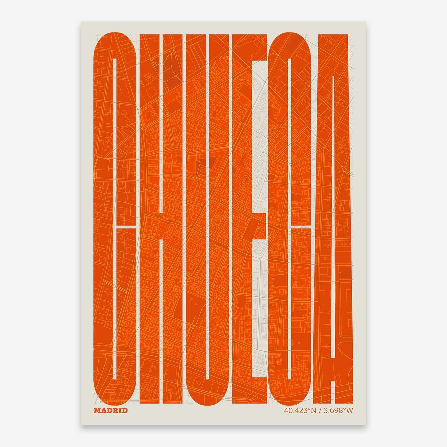 The map of Chueca composed with letters in a heavy geometric font printed on orange and an off-white background