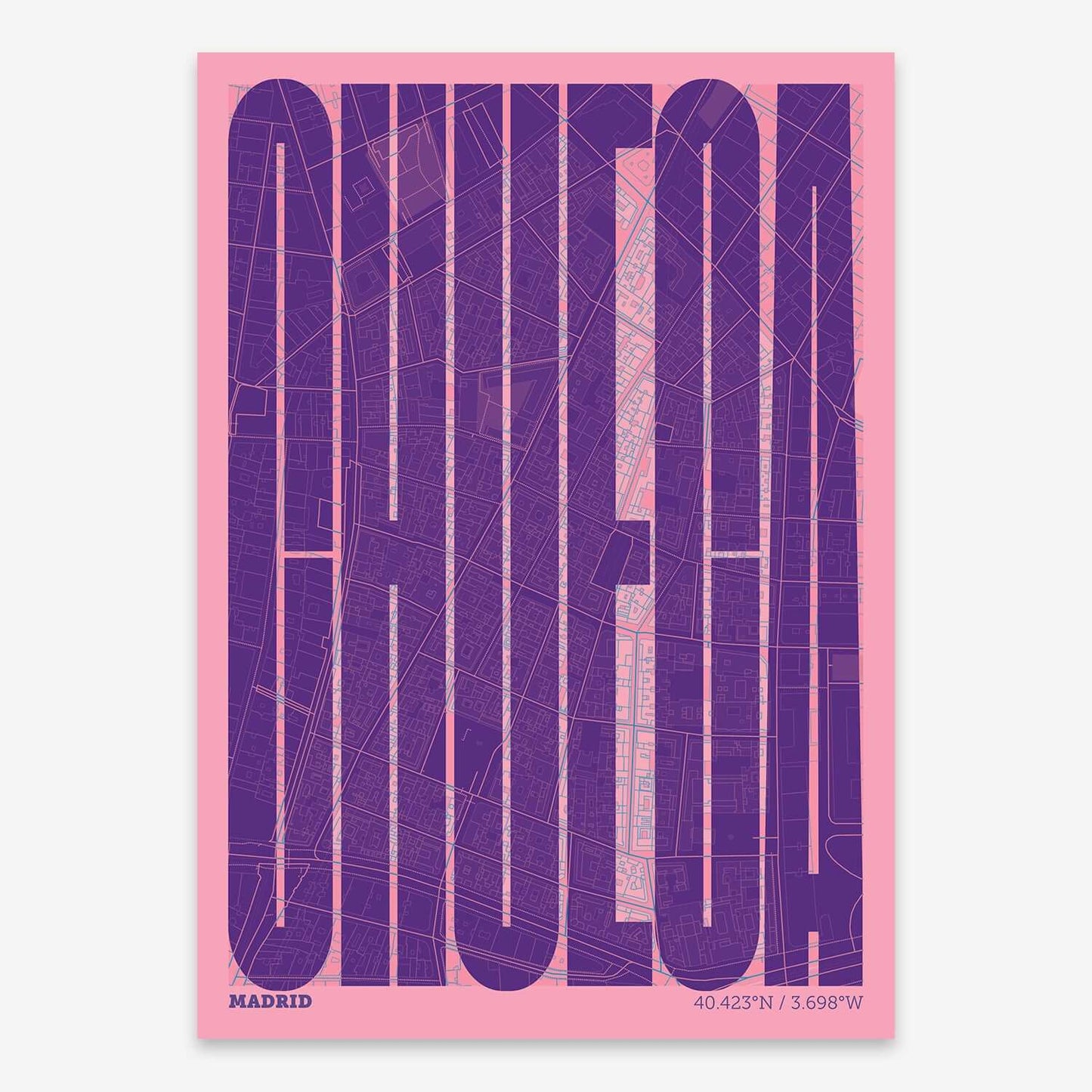 The map of Chueca composed with letters in a heavy geometric font printed on violet y pink background