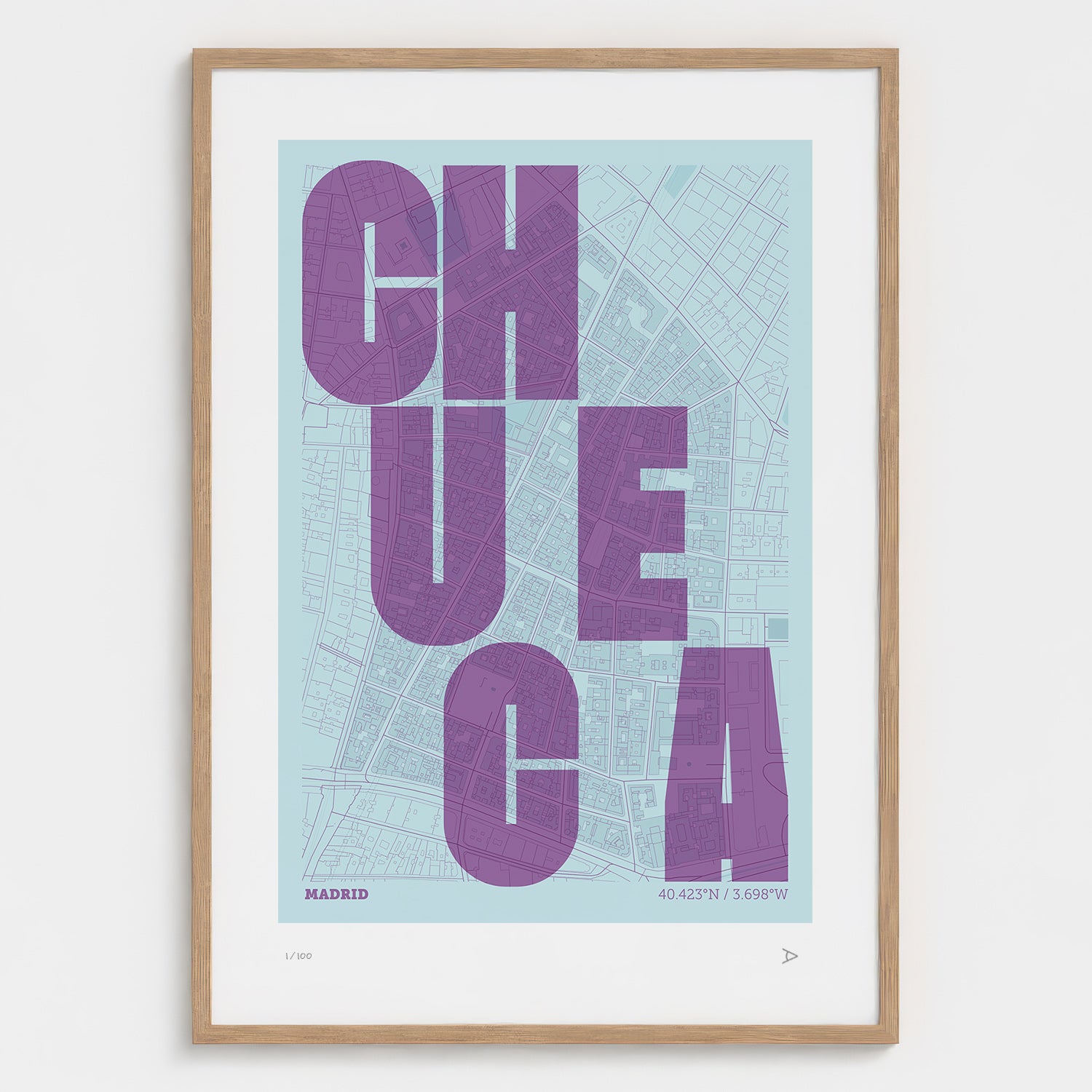 Lámina tipográfica de Chueca – diseño Revoltosa, marco de madera natural