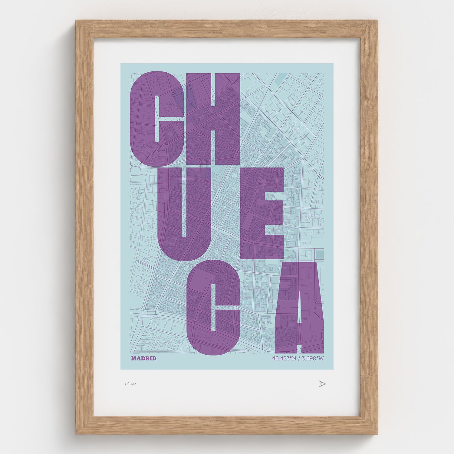 Lámina tipográfica de Chueca – diseño Revoltosa, marco de madera natural