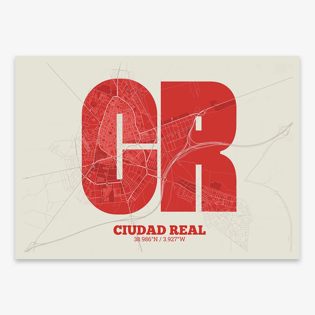 Decorative print of  composed with letters in a heavy geometric font printed on red and an off-white background