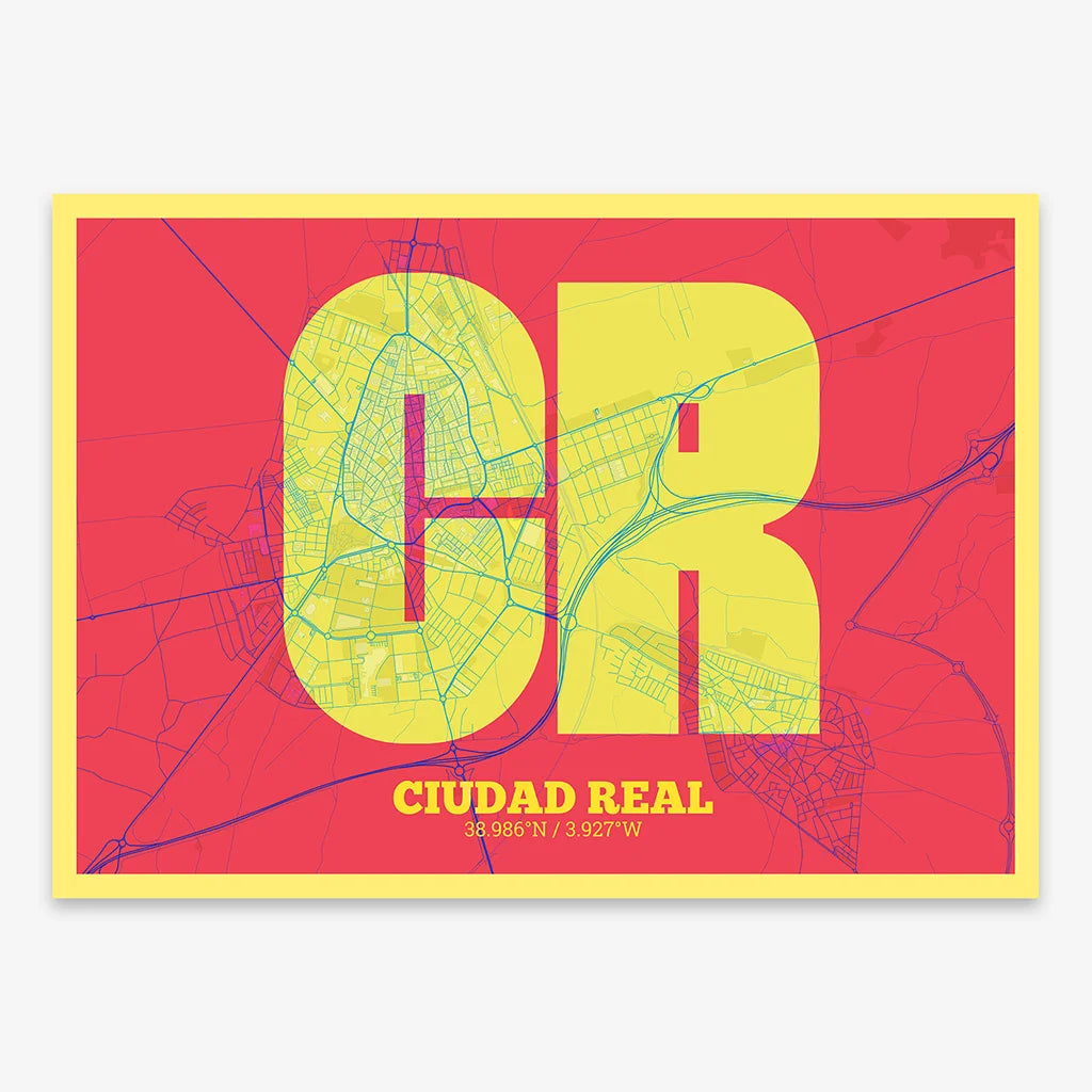 Decorative print of  composed with letters in a heavy geometric font printed on yellow and fuchsia