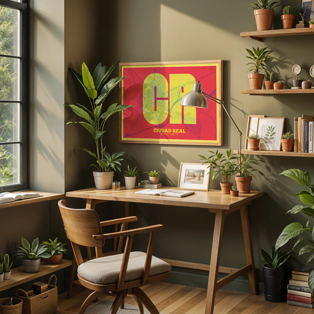 Modern interior design with a Ciudad Real in Super Bold design, a typographic poster where the city map is overlaid with extra-thick lettering for a modern, high-impact look designed in yellow and fuchsia, displayed on a living room wall