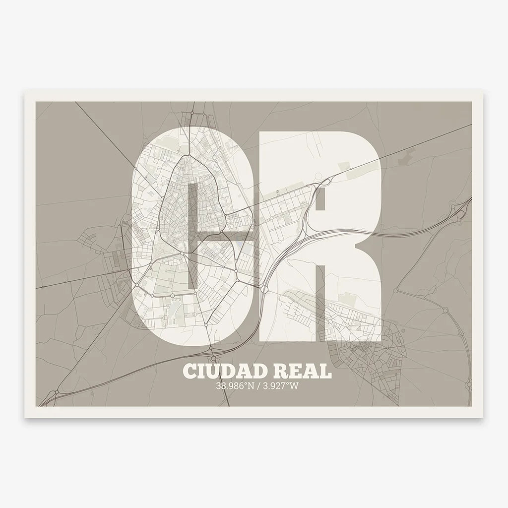 Decorative print of  composed with letters in a heavy geometric font printed on light brown and an off-white background