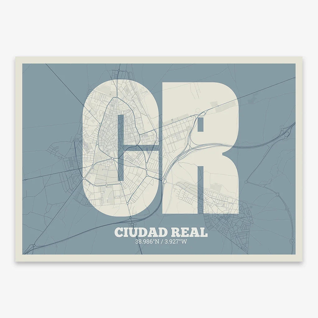 Decorative print of  composed with letters in a heavy geometric font printed on bluish gray and an off-white background