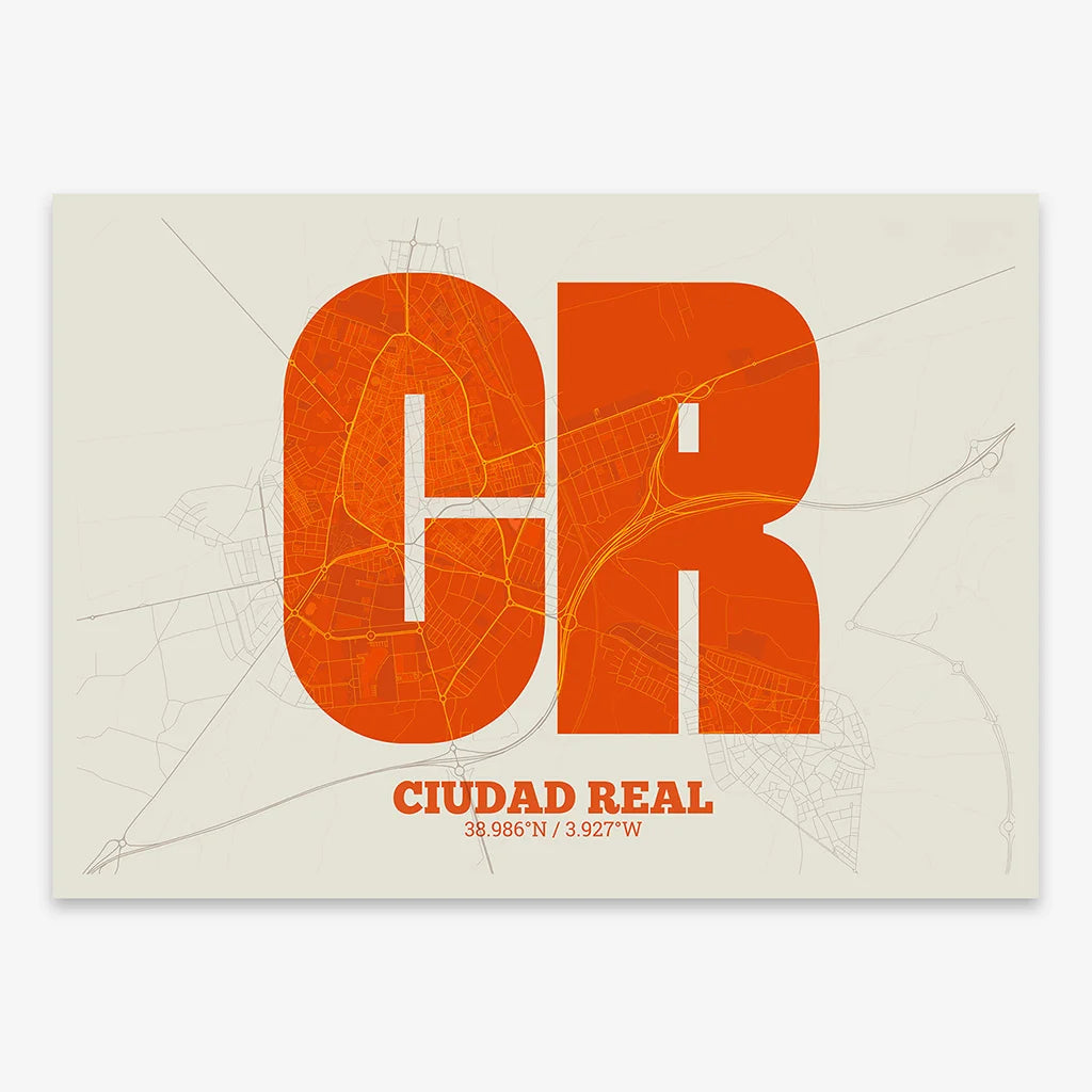 Decorative print of  composed with letters in a heavy geometric font printed on orange and an off-white background