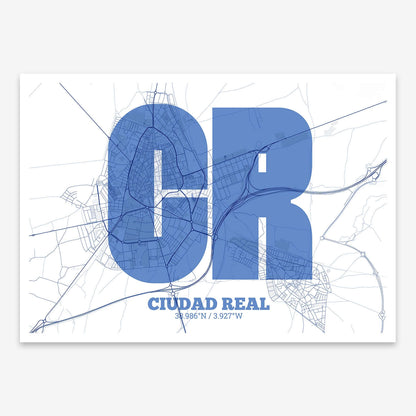 The map of Ciudad-Real composed with letters in a heavy geometric font printed on navy blue and white