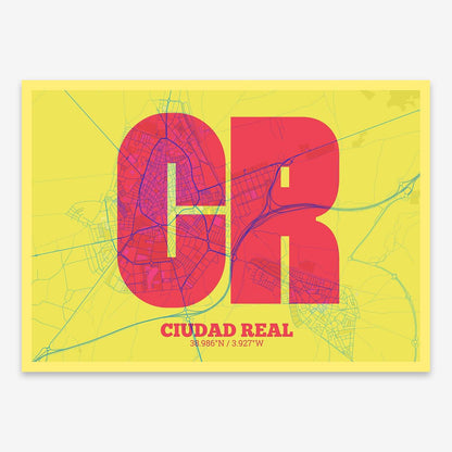 The map of Ciudad-Real composed with letters in a heavy geometric font printed on yellow and fuchsia