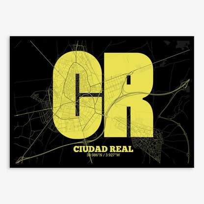The map of Ciudad-Real composed with letters in a heavy geometric font printed on black and yellow