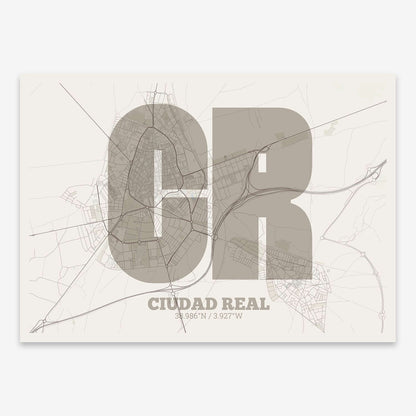 The map of Ciudad-Real composed with letters in a heavy geometric font printed on light brown and an off-white background