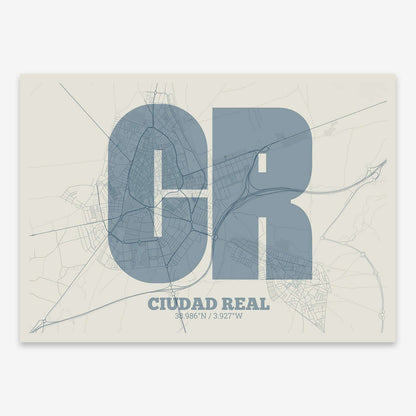 The map of Ciudad-Real composed with letters in a heavy geometric font printed on bluish gray and an off-white background