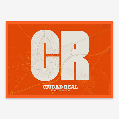 The map of Ciudad-Real composed with letters in a heavy geometric font printed on orange and an off-white background