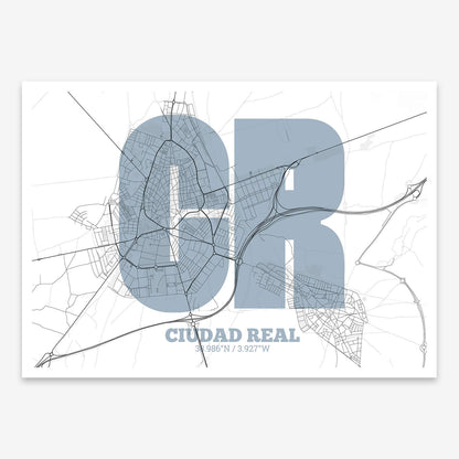 The map of Ciudad-Real composed with letters in a heavy geometric font printed on black and white