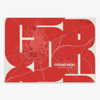 Poster of  composed with letters from its abbreviation or its airport IATA code printed on red and an off-white background