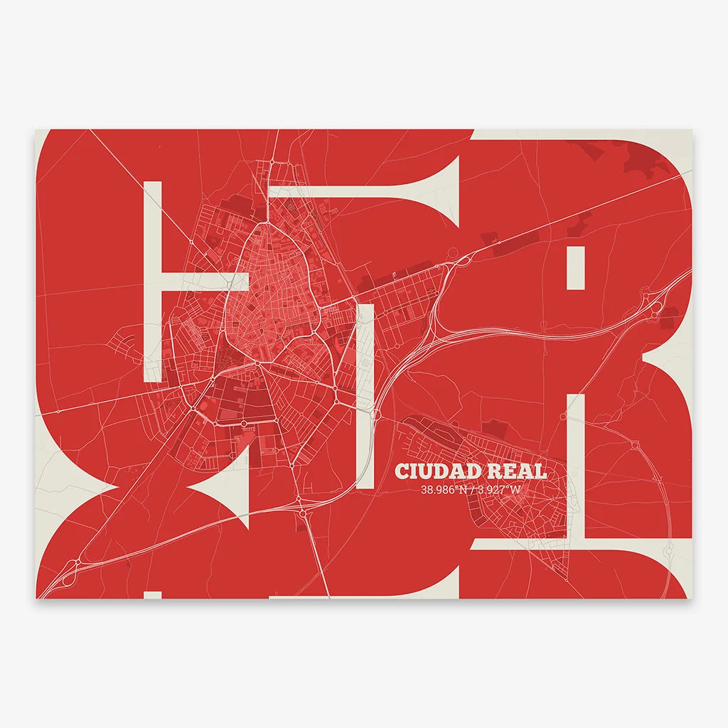 Poster of  composed with letters from its abbreviation or its airport IATA code printed on red and an off-white background