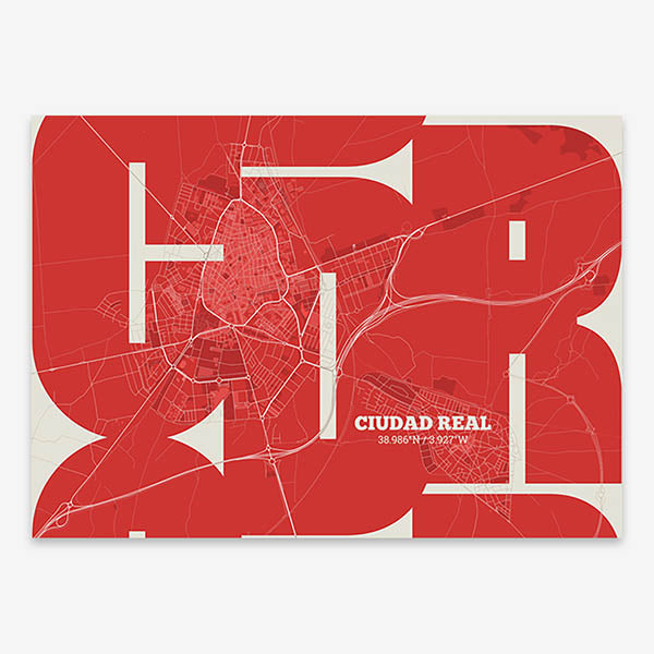 Poster of  composed with letters from its abbreviation or its airport IATA code printed on red and an off-white background