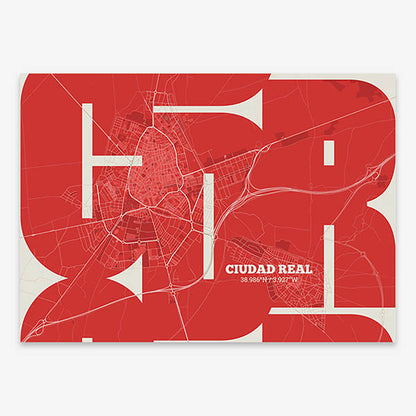 Poster of  composed with letters from its abbreviation or its airport IATA code printed on red and an off-white background