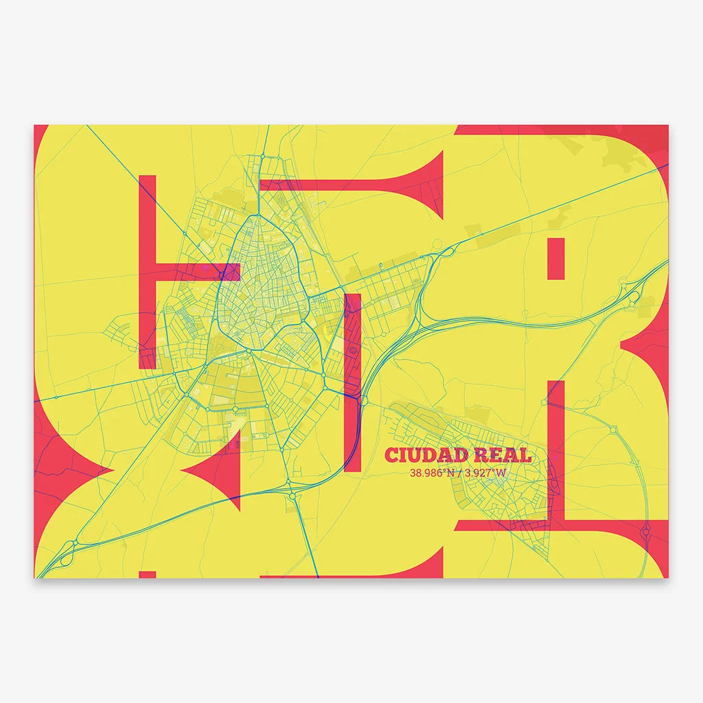 Poster of  composed with letters from its abbreviation or its airport IATA code printed on yellow and fuchsia