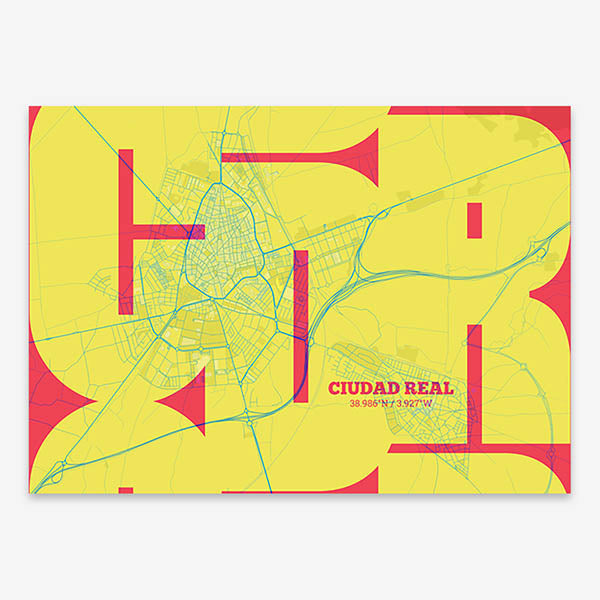 Poster of  composed with letters from its abbreviation or its airport IATA code printed on yellow and fuchsia