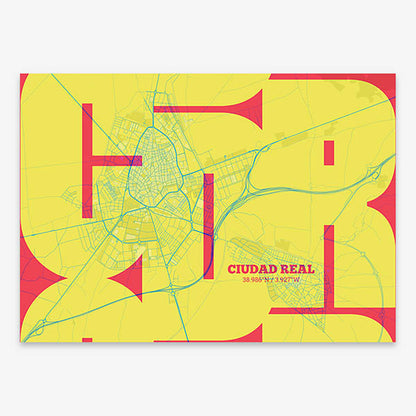 Poster of  composed with letters from its abbreviation or its airport IATA code printed on yellow and fuchsia