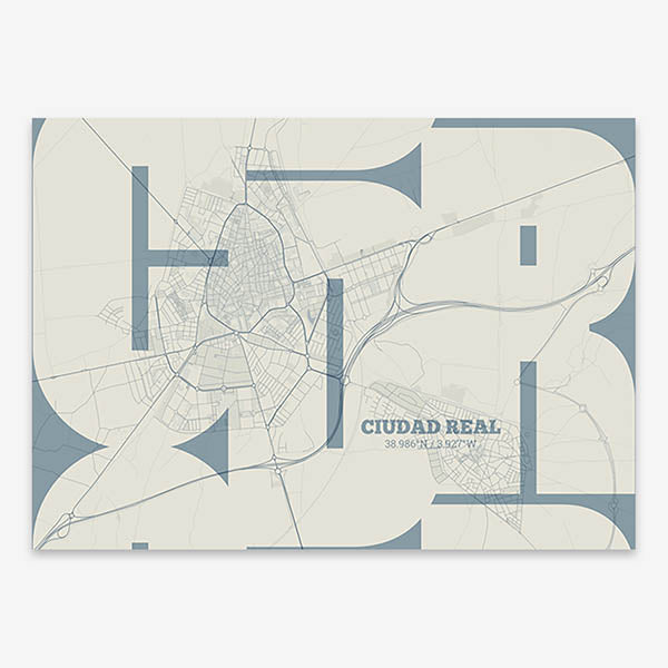 Poster of  composed with letters from its abbreviation or its airport IATA code printed on bluish gray and an off-white background