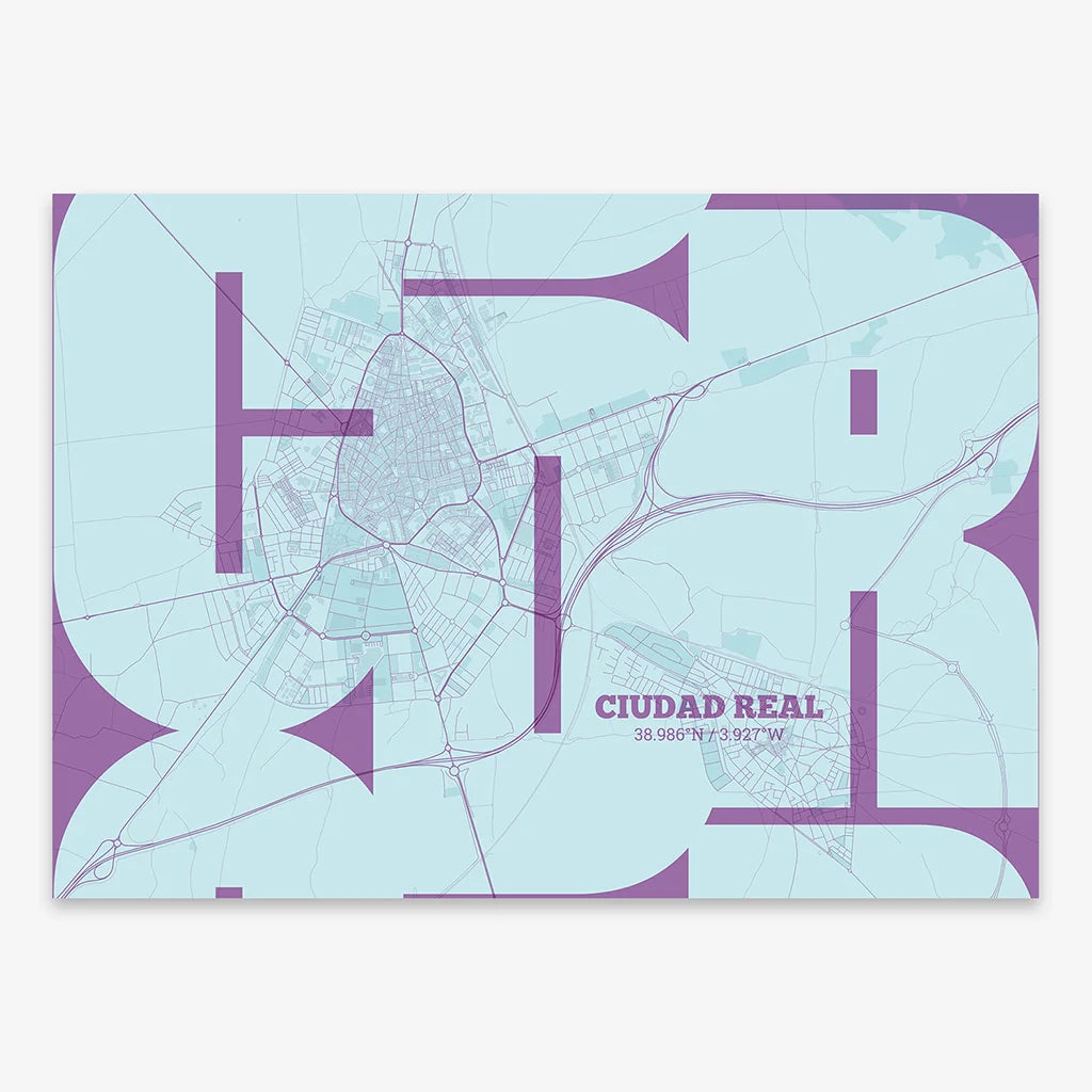 Poster of  composed with letters from its abbreviation or its airport IATA code printed on purple and light blue