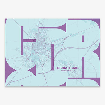 Poster of  composed with letters from its abbreviation or its airport IATA code printed on purple and light blue