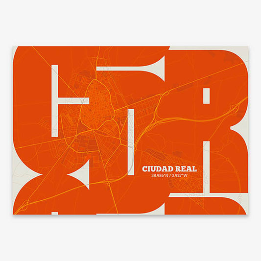 Poster of  composed with letters from its abbreviation or its airport IATA code printed on orange and an off-white background