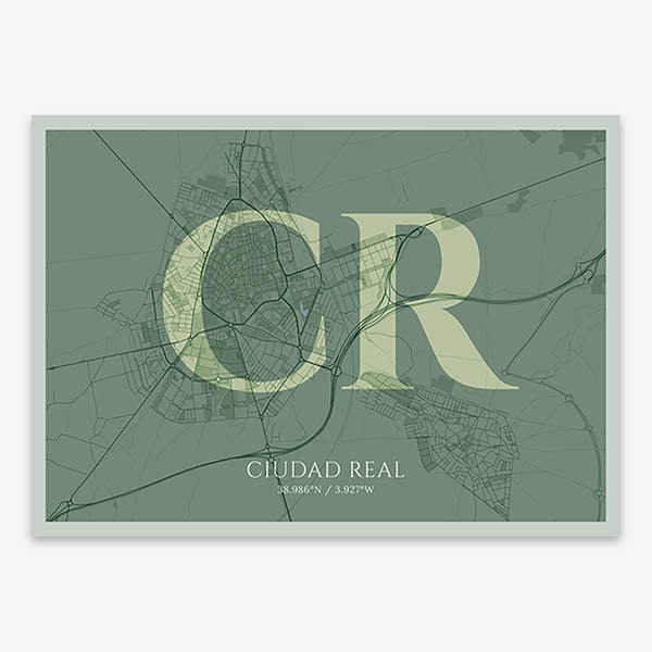 Decorative map of  composed with letters in serif font printed on two green tones
