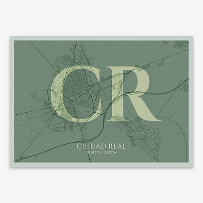 Decorative map of  composed with letters in serif font printed on two green tones